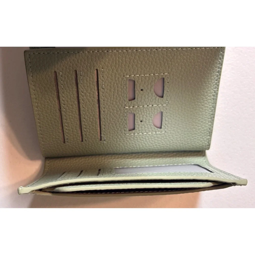 Bifold Wallet Women Small Sage Green Pebbled Faux Leather Snap Zipper NEW in box